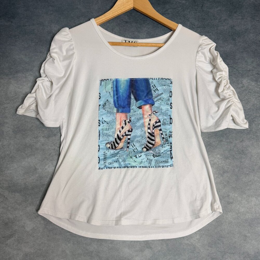 Y2K White Graphic Rhinestone Top Women’s Small TMG Made in USA Retro Clubwear